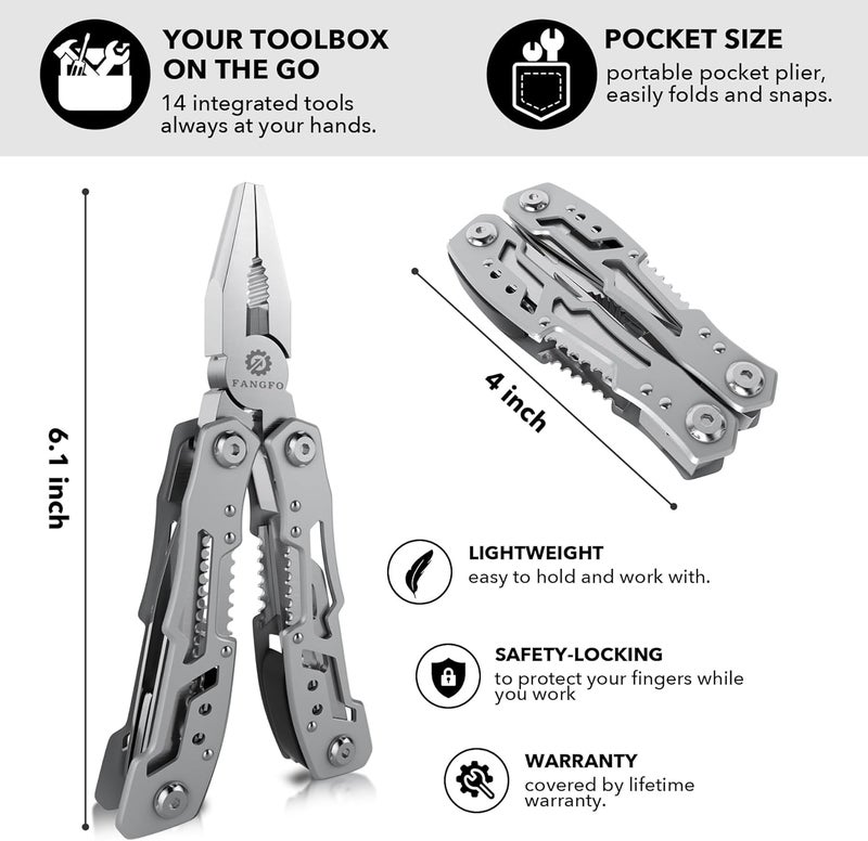 fangfo 14-In-1 Multitool Pliers，Premium Portable Multi Tool ，with Safety Locking Professional Stainless Steel Multitool Pliers Pocket Knife,Apply to Survival, Camping, Gifts for Dad Husband Boyfriend - Image 2